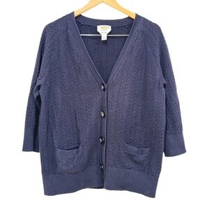 VTG! Talbots‎ Navy Blue Cable Knit Sweater Cardigan Pima 1X Coastal Grandmother
